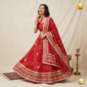 Red Tussar Silk Bandhej Lehenga Choli with Dupatta By Jaipuriya Fashion