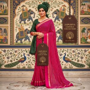 Pure Georgette Satin Gold Lining Saree with Contrast Blouse By Jaipuriya Lehenga