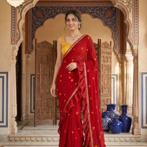 Pure Georgette Satin Patta Printed Saree with Bandhej Gulti Print