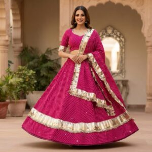 Rani Pink Georgette Rajasthani Lehenga Choli with Golden Border & Dupatta – Traditional Festive Ethnic Wear